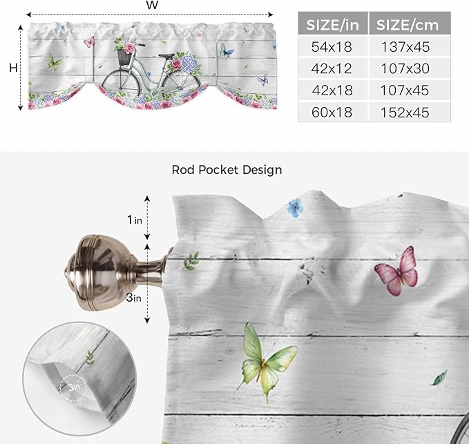 Spring Tie Up Valance Curtains for Windows, Kitchen Curtains Window Shades, Bicycles Botanical Rose Leaves Butterfly Wood Grain Light Filtering Roman Curtain Valances for Bedroom/Bathroom/Cafe 54"x18"