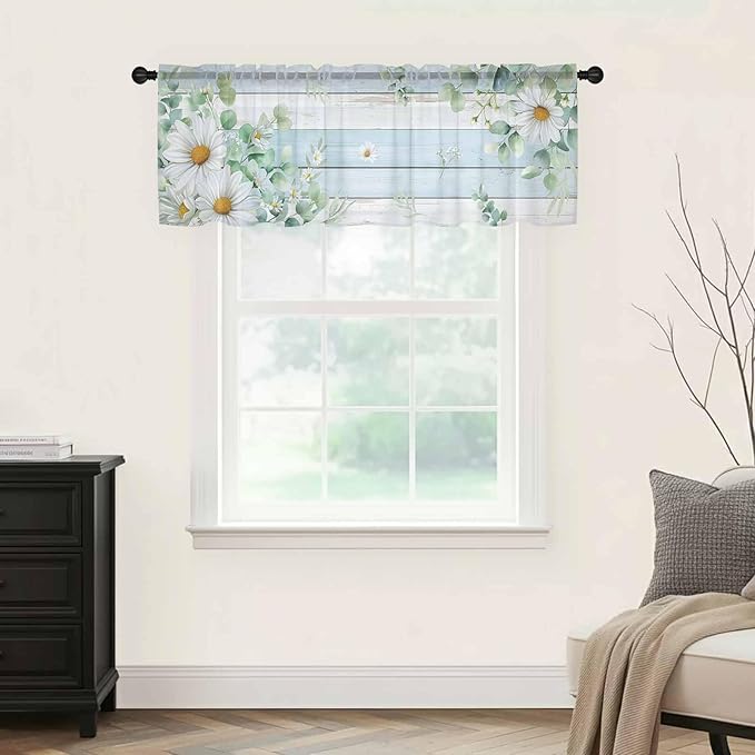 Daisy Eucalyptus Leaves Sheer Valance Curtains, Blue Wood Grain Spring Countryside Light Filtering Kitchen Valances Rod Pocket Voile Curtain Window Treatment for Bedroom/Living Room/Basement 42Wx18L