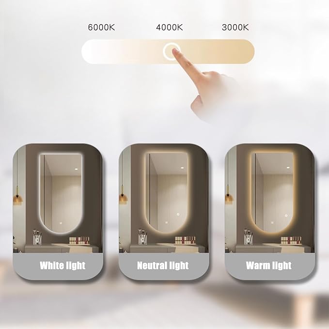 Wall Mirror Arched Bathroom Mirrors, 3-Color Lighted Bathroom Makeup Mounted Mirror, with Demister Pad, Dimming Function for Bathroom Living Room Bedroom Entryway(19.6"x39.3"/50x100cm)