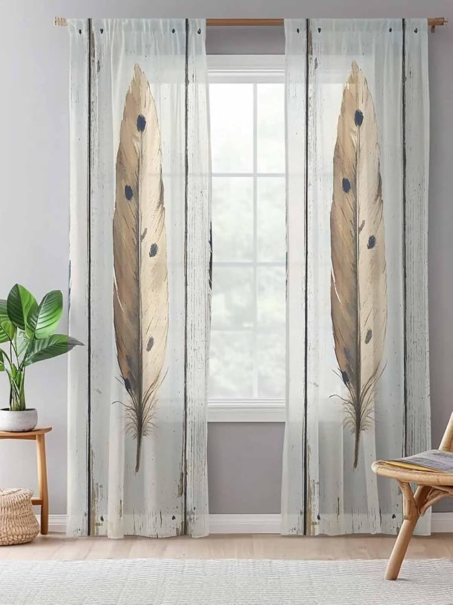 Sheer Curtains 96 Inches Long, Farmhouse Feather Semi Sheer Curtains Light Filtering Window Treatment, Watercolor Vintage Wooden Grain Privacy Voile Drapes for Living Room Bedroom 52x96 Inch