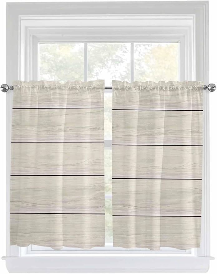 Vintage Country Wooden Board Window Valance Curtains, Gradient Wood Grain Line Light Filtering Kitchen Valance with 3-inch Rod Pocket for Living Room Bathroom Bedroom,2 Panel,27.5x45In