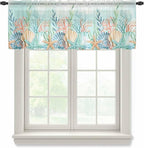 Summer Beach Sheer Valance Curtains, Green Ocean Colorful Coral Shell Seaweed Starfish Light Filtering Kitchen Valances Rod Pocket Voile Curtain Treatment for Bedroom/Living Room/Basement 42Wx18L