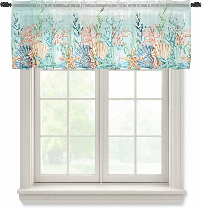 Summer Beach Sheer Valance Curtains, Green Ocean Colorful Coral Shell Seaweed Starfish Light Filtering Kitchen Valances Rod Pocket Voile Curtain Treatment for Bedroom/Living Room/Basement 54Wx18L