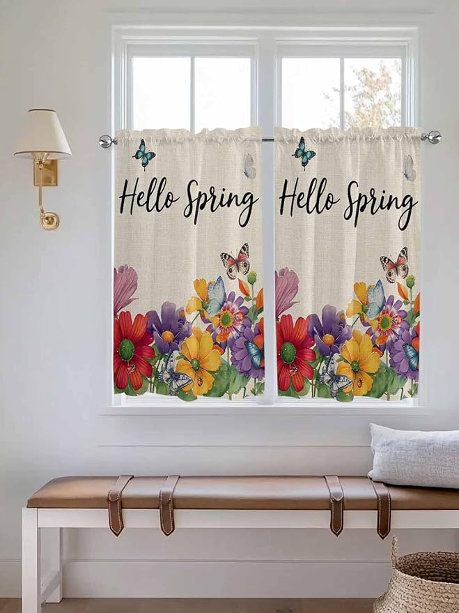 Spring Flowers Kitchen Curtains 45 Inches length, Farmhouse Vintage Country Colorful Floral Window Treatment Curtain Drapes, Lightweight Window Panels for Living Room Bedroom, 52"x45", 2 Panels