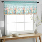 Summer Beach Sheer Valance Curtains, Green Ocean Colorful Coral Shell Seaweed Starfish Sandy Light Filtering Kitchen Valances Rod Pocket Voile Curtain for Bedroom/Living Room/Basement 54Wx18L