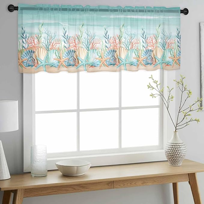 Summer Beach Sheer Valance Curtains, Green Ocean Colorful Coral Shell Seaweed Starfish Sandy Light Filtering Kitchen Valances Rod Pocket Voile Curtain for Bedroom/Living Room/Basement 42Wx12L