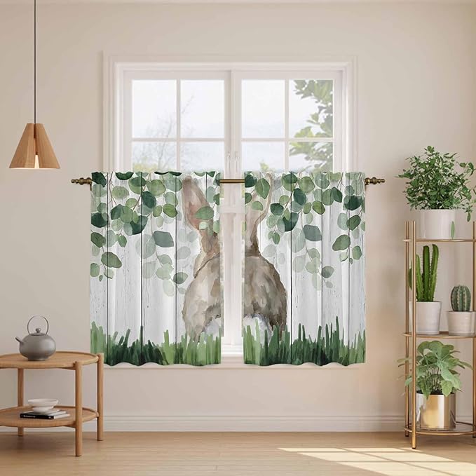 Easter Tier Curtains, Country Rabbit Botanical Leaves Wooden Grain Light Filtering Kitchen Curtains, 2Pcs Rod Pocket Half Window Treatments Panels for Sink Cafe Cabinet Basement 27.5x45 Inches