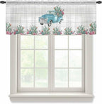 Farmhouse Sheer Valance Curtains, Summer Blue Car with Cactus Succulents Wood Grain Light Filtering Kitchen Valances Rod Pocket Voile Curtain Window Treatment for Bedroom/Living Room/Basement 60Wx18L