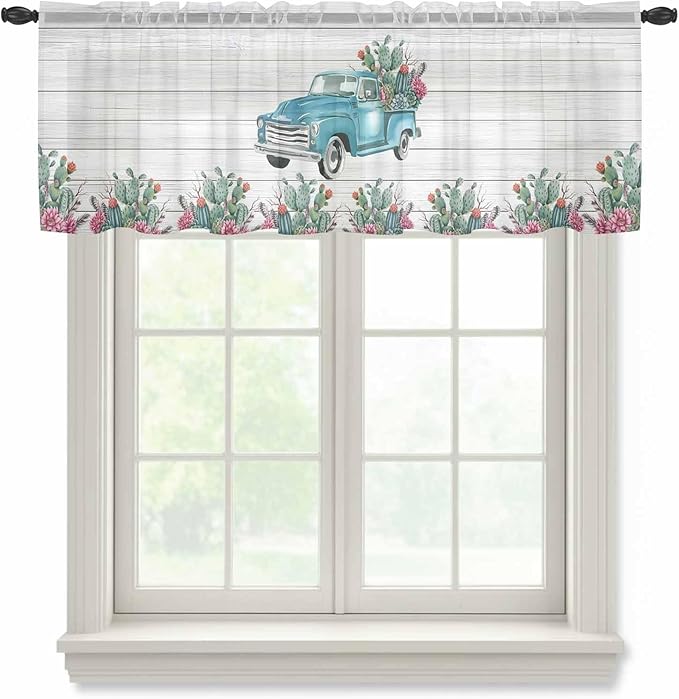 Farmhouse Sheer Valance Curtains, Summer Blue Car with Cactus Succulents Wood Grain Light Filtering Kitchen Valances Rod Pocket Voile Curtain Window Treatment for Bedroom/Living Room/Basement 42Wx12L