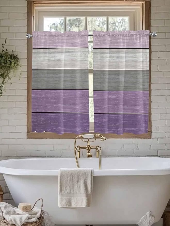 Country Wood Board Gray Purple Window Valance Curtains, Farmhouse Gradient Plank Light Filtering Kitchen Valance with 3-inch Rod Pocket for Living Room Bathroom Bedroom,2 Panel,42x45In