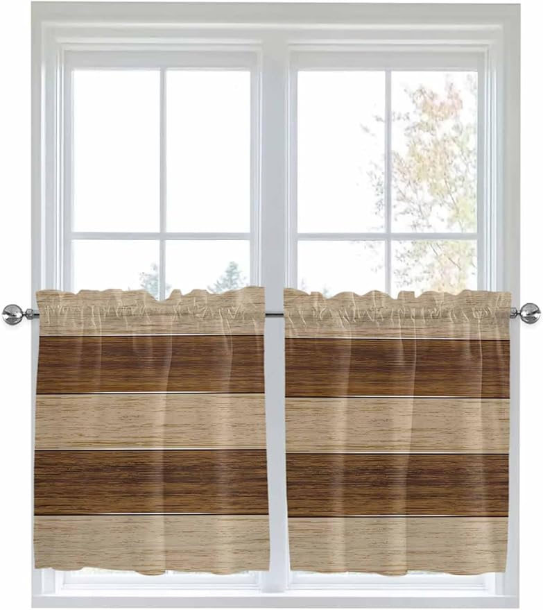 Retro Country Brown Wooden Board Window Valance Curtains, Farmhouse Gradient Plank Light Filtering Kitchen Valance with 3-inch Rod Pocket for Living Room Bathroom Bedroom,2 Panel,27.5x24In