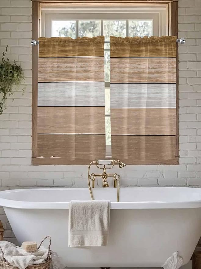 Retro Farm Wood Board Window Valance Curtains, Brown Graduality Striped Light Filtering Kitchen Valance with 3-inch Rod Pocket for Living Room Bathroom Bedroom,2 Panel,27.5x45In