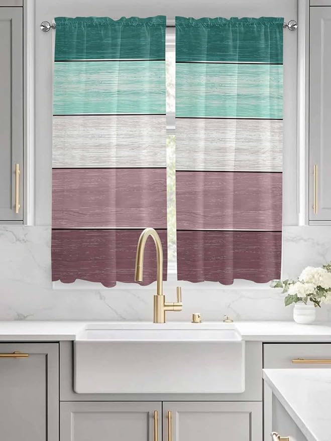 Retro Farm Woodcuts Texture Window Valance Curtains, Green Brown Gradient Light Filtering Kitchen Valance with 3-inch Rod Pocket for Living Room Bathroom Bedroom,2 Panel,52x72In