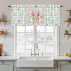 Easter Kitchen Tier Curtains 24 Inch Long 2 Panel Set,Rod Pocket Cafe Small Window Curtains Over Sink,Spring Bunny Ears Feet Flowers Green Plaid Light Filtering Short Drapes for Bathroom 27.5"W x 24"L