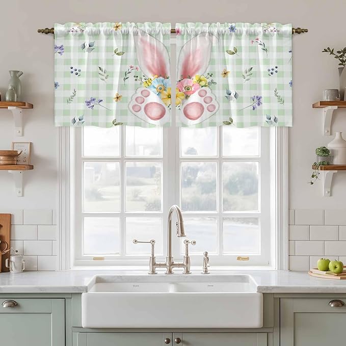 Easter Kitchen Tier Curtains 24 Inch Long 2 Panel Set,Rod Pocket Cafe Small Window Curtains Over Sink,Spring Bunny Ears Feet Flowers Green Plaid Light Filtering Short Drapes for Bathroom 27.5"W x 24"L