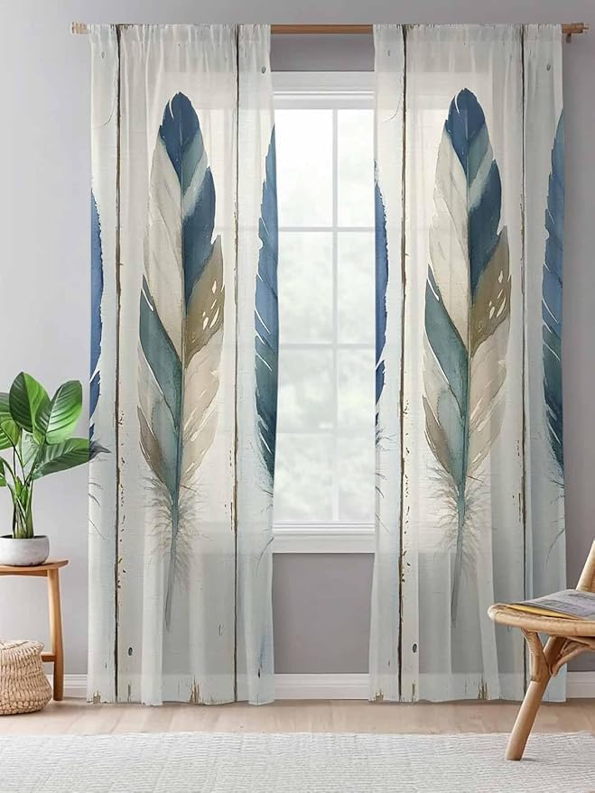 Sheer Curtains 96 Inches Long, Boho Blue Feathers Semi Sheer Curtains Light Filtering Window Treatment, Farmhouse Vintage Wooden Grain Privacy Voile Drapes for Living Room Bedroom 52x96 Inch