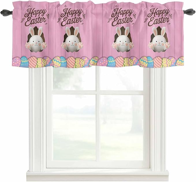 Pink Easter Curtain Valances for Windows, Kitchen Valance Window Treatment, Easter Bunny Eggs Spring Cartoon Farmhouse Wood Grain Light Filter Block Curtains for Bathroom/Bedroom/Living Room 60''x18''