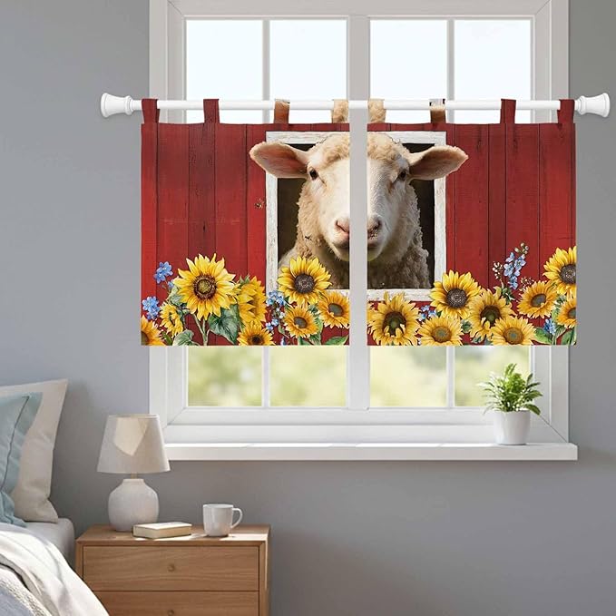 Sheep Sunflower Kitchen Curtains 36 Inch Length, Small Window Curtains Tab Top, Country Red Farm Barn Spring Flowers Light Filtering Short Window Treatments Tier Drapes 27.5"x36" 2 Panel