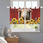 Sheep Sunflower Kitchen Curtains 36 Inch Length, Small Window Curtains Tab Top, Country Red Farm Barn Spring Flowers Light Filtering Short Window Treatments Tier Drapes 27.5"x36" 2 Panel