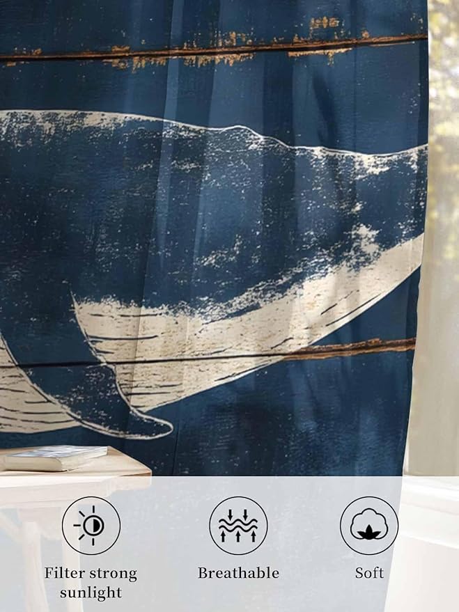 Sheer Curtains 84 Inches Long, Summer Whale Blue Semi Sheer Curtains Light Filtering Window Treatment, Coastal Ocean Vintage Wooden Grain Privacy Voile Drapes for Living Room Bedroom 52x84 Inch