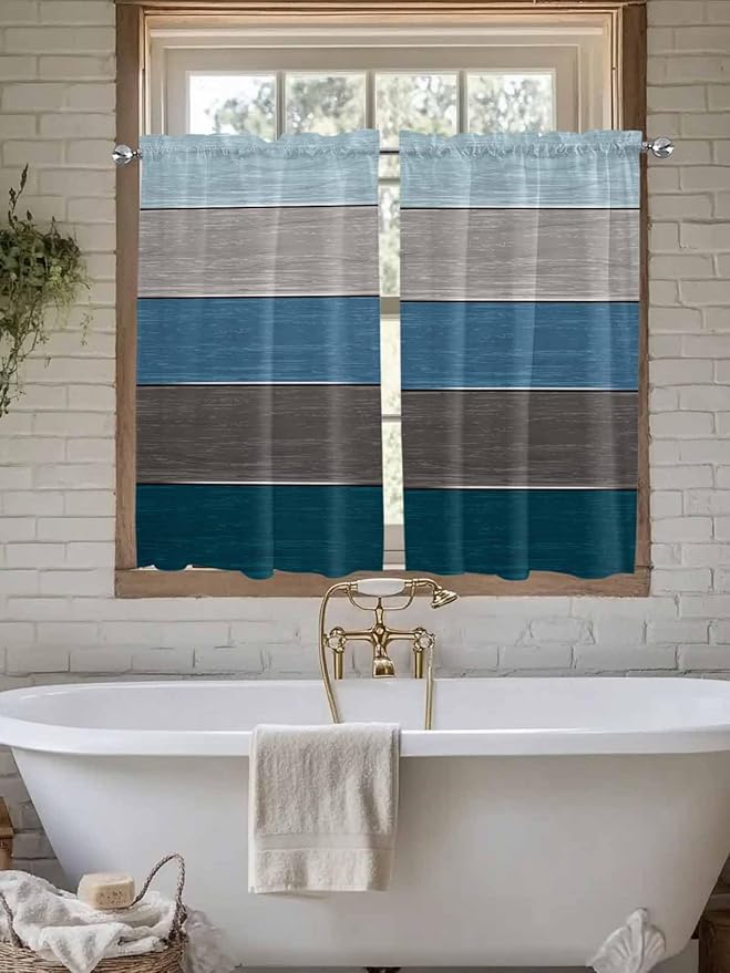 Retro Farm Blue Gray Wood Grain Window Valance Curtains, Rustic Wooden Plank Light Filtering Kitchen Valance with 3-inch Rod Pocket for Living Room Bathroom Bedroom,2 Panel,52x45In