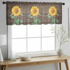 Summer Sunflower Sheer Valance Curtains, Yellow Floral Plants Bees Brown Wood Grain Light Filtering Kitchen Valances Rod Pocket Voile Curtain Window Treatment for Bedroom/Living Room/Basement 60Wx18L