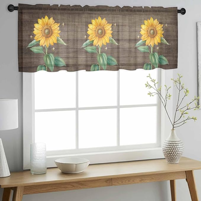 Summer Sunflower Sheer Valance Curtains, Yellow Floral Plants Bees Brown Wood Grain Light Filtering Kitchen Valances Rod Pocket Voile Curtain Window Treatment for Bedroom/Living Room/Basement 54Wx18L
