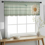 Daisy Flower Sheer Valances for Windows 42"x12", Light Filtering Kitchen Curtains Valance, Modern Art Floral Farmhouse Teal Wooden Grain Rod Pocket Chiffon Curtains for Living Room Bedroom Cafe
