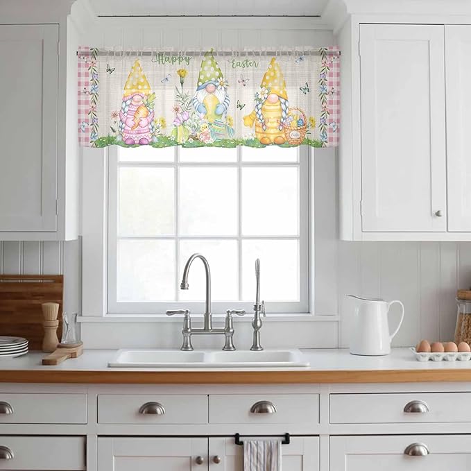 Easter Sheer Valances for Windows 54"x18", Light Filtering Kitchen Curtains Valance, Country Gnomes Duck Floral Eggs Pink Buffalo Check Rod Pocket Chiffon Curtains for Living Room Bedroom Cafe