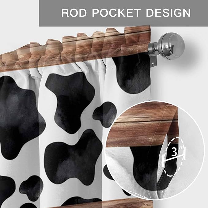 Cow Printed Curtain Valances for Windows, Kitchen Valance Window Treatment, Farmhouse Watercolor Country Wooden Grain Light Filtering Block Curtains for Bathroom/Bedroom/Living Room 60'' x 18''
