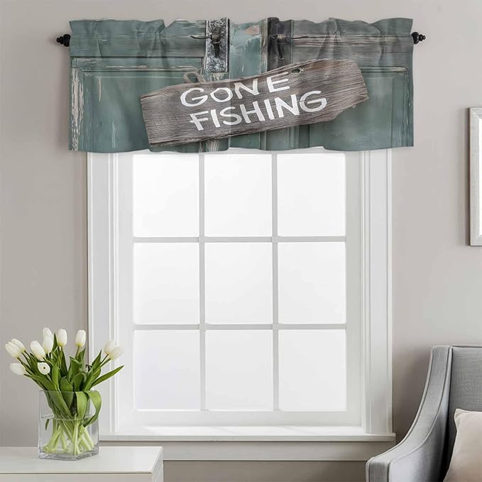 Gone Fishing Valances for Windows, Bronze Wood Grain Kitchen Valance Light Filtering Rod Pocket Short Curtains for Kitchen Bathroom, 1 Panel, 42"x12"