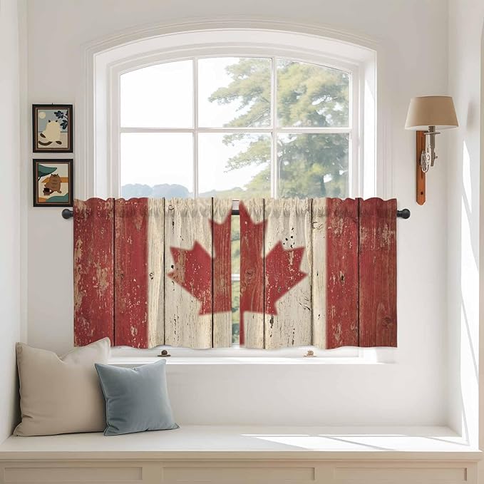 Canada Tier Curtains, Red Maple Leaf Flag Vintage Farmhouse Wooden Grain Light Filtering Kitchen Curtains, 2Pcs Rod Pocket Half Window Treatments Panels for Sink Cafe Cabinet Camper 27.5x36 Inches