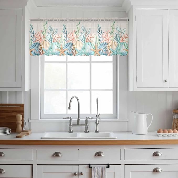 Summer Beach Sheer Valance Curtains, Ocean Colorful Coral Shell Seaweed Starfish Linen Light Filtering Kitchen Valances Rod Pocket Voile Curtain Treatment for Bedroom/Living Room/Basement 60Wx18L