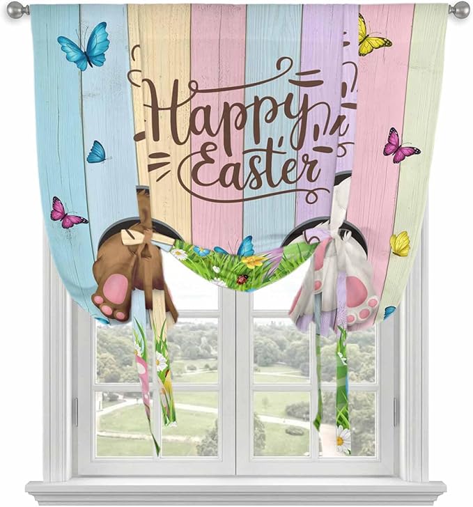 Tie Up Curtains,Happy Easter Rabbit Butt Egg on Daisy Leaf Adjustable Rod Pocket Window Shade Curtain Drape Bufferfly on Wood Barn Tie-Up Valance for Kitchen Bedroom Living Room Windows,52"x63"
