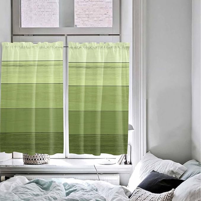 Gradient Green Wooden Board Window Valance Curtains, Retro Country Wood Grain Light Filtering Kitchen Valance with 3-inch Rod Pocket for Living Room Bathroom Bedroom,2 Panel,52x45In
