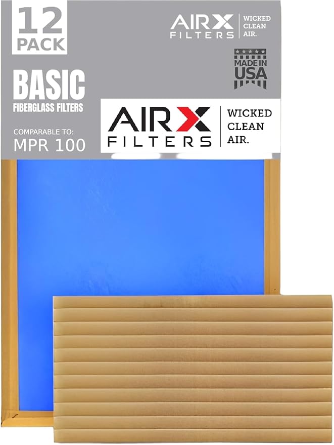 12x30x1 Air Filter Comparable to MPR 100 Basic Economy Furnace Filters, 12 Pack of Non Pleated Fiberglass Filter For Dust - Low Airflow Restriction! From AIRX FILTERS WICKED CLEAN AIR.