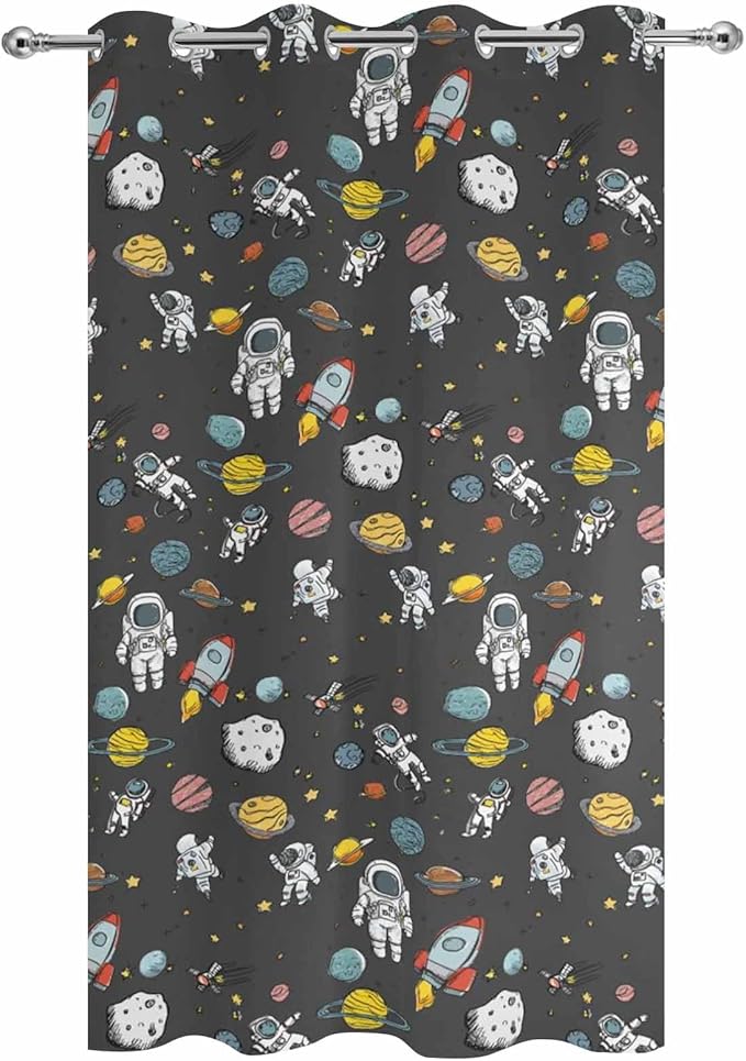Cartoon Space Outdoor Curtains for Patio Rockets Planets Astronauts Gray Waterproof Outside Curtains with Grommet Top Weatherproof Curtain for Cabana Pergola Gazebo, 1 Panel, 54" W x 108" L