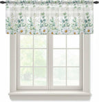 Eucalyptus Leaves Daisy Sheer Valance Curtains, Summer Farmhouses Gray Plaid Light Filtering Kitchen Valances Rod Pocket Voile Curtain Window Treatment for Bedroom/Living Room/Basement 60Wx18L