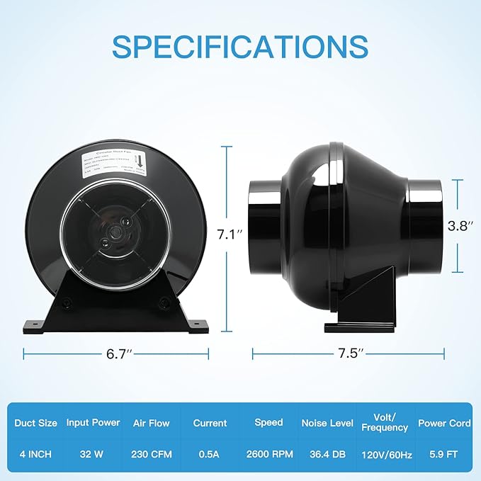 iPower 4 Inch 230 CFM Inline Duct Ventilation Fan Quiet Vent Blower for Hydroponics Grow Tent, Greenhouse Air Circulation, Upgrade