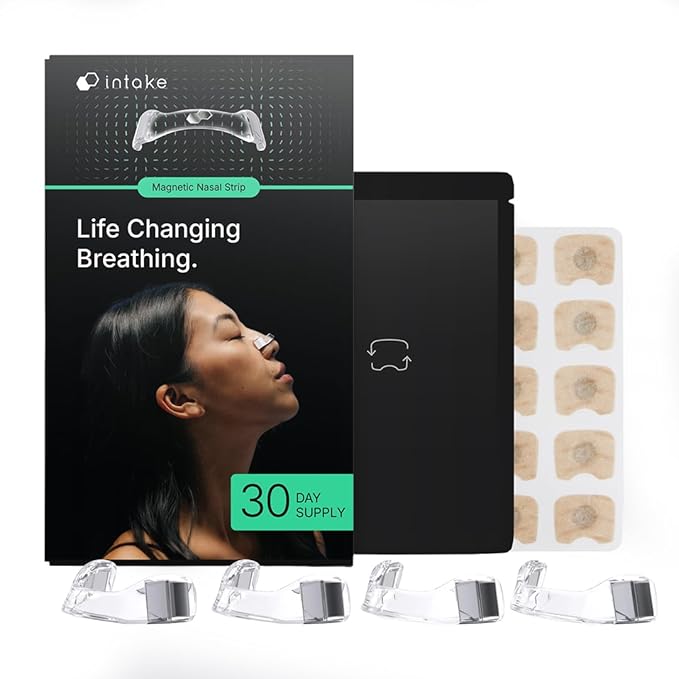 Intake Breathing Magnetic Nasal Strips Starter Kit (30 Count, Clear) - Boost Oxygen Intake, Reduce Snoring, Improve Sleep Quality - Sweat Resistant, Nasal Strips - Extra Strength Snoring Solution