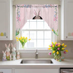 Swag Valance Curtains, Easter Cute Rabbit and Colorful Eggs Rod Pocket Valances Swag Topper for Kitchen Windows, Pink Farm Wooden Barn Light Filtering Short Curtain for Bedroom Bathroom 56x36In