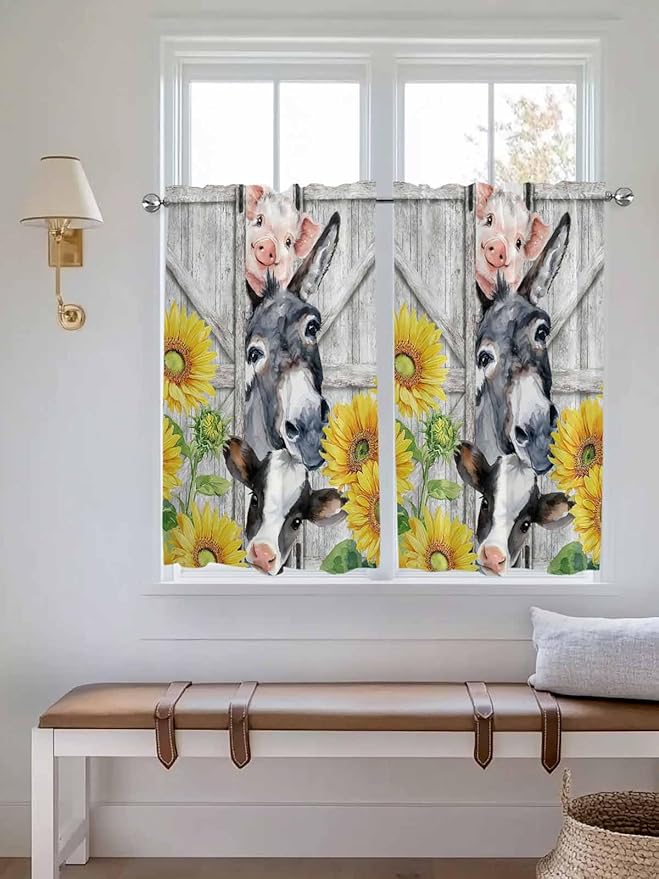 Farmhouse Tier Curtains 45 Inches Long, Watercolor Sunflowers Animals Printed Wood Grain Window Treatment Curtain Drapes, Window Half Privacy Curtains for Bedroom Bathroom, 42"x45", 2 Panels