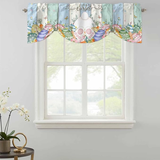 Easter Tie Up Valance Curtains for Windows, Kitchen Curtains Window Shades, Spring Rabbit Ears Foot Flowers Eggs Green Wooden Light Filtering Roman Curtain Valances for Bedroom/Bathroom/Cafe 54"x18"