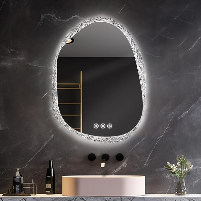 LUVODI Lighted LED Bathroom Mirror: 32”x24”Irregular Stone Pattern Frosted Wall Vanity Mirror with Bright Back Lit - Smart Dimmable Mirror Anti Fog with Touch Switch for Restroom Bedroom Living Room