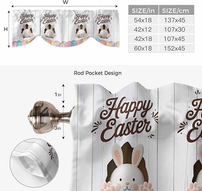 Grey Easter Tie Up Valance Curtains for Windows, Kitchen Curtains Window Shades, Spring Cartoon Bunny Colorful Eggs Wood Grain Light Filtering Roman Curtain Valances for Bedroom/Bathroom/Cafe 42"x12"