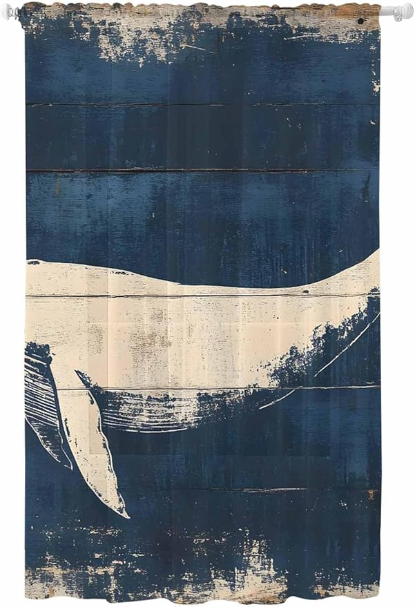 Sheer Curtains 84 Inches Long, Ocean Whale Blue Semi Sheer Curtains Light Filtering Window Treatment, Summer Coastal Vintage Wood Grain Privacy Voile Drapes for Living Room Bedroom 52x84 Inch