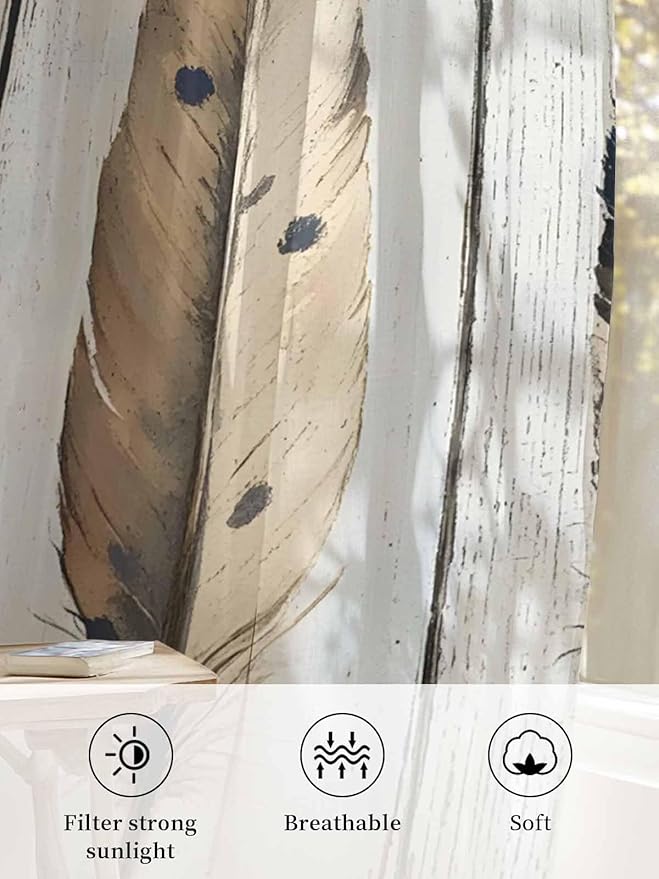 Sheer Curtains 96 Inches Long, Farmhouse Feather Semi Sheer Curtains Light Filtering Window Treatment, Watercolor Vintage Wooden Grain Privacy Voile Drapes for Living Room Bedroom 52x96 Inch