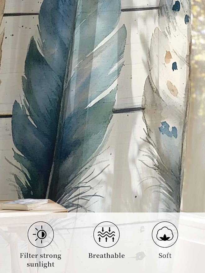 Sheer Curtains 63 Inch Length, Boho Blue Feathers Semi Sheer Curtains Light Filtering Window Treatment, Country Vintage Wooden Grain Privacy Voile Drapes for Living Room Bedroom 52x63 Inch