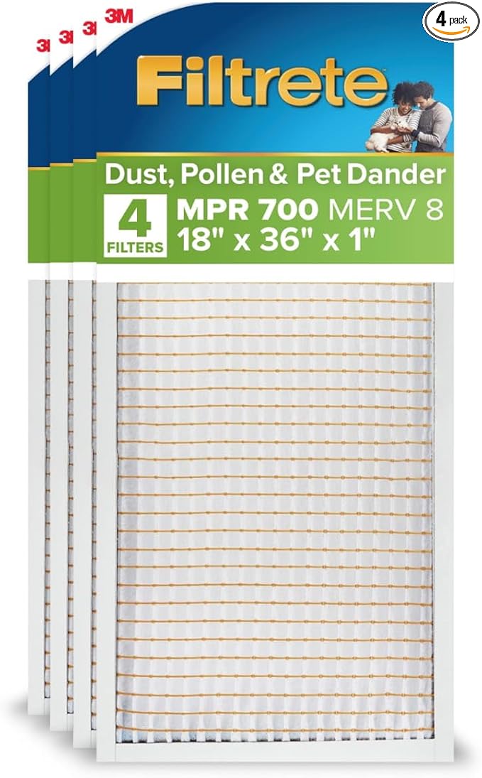 Filtrete 18x36x1 AC Furnace Air Filter, MERV 8, MPR 700, Tough on Pollen, Easy on Airflow, 3-Month Pleated 1-Inch Electrostatic Air Cleaning Filter, 4-Pack (Actual Size 17.81 x 35.81 x 0.65 in)