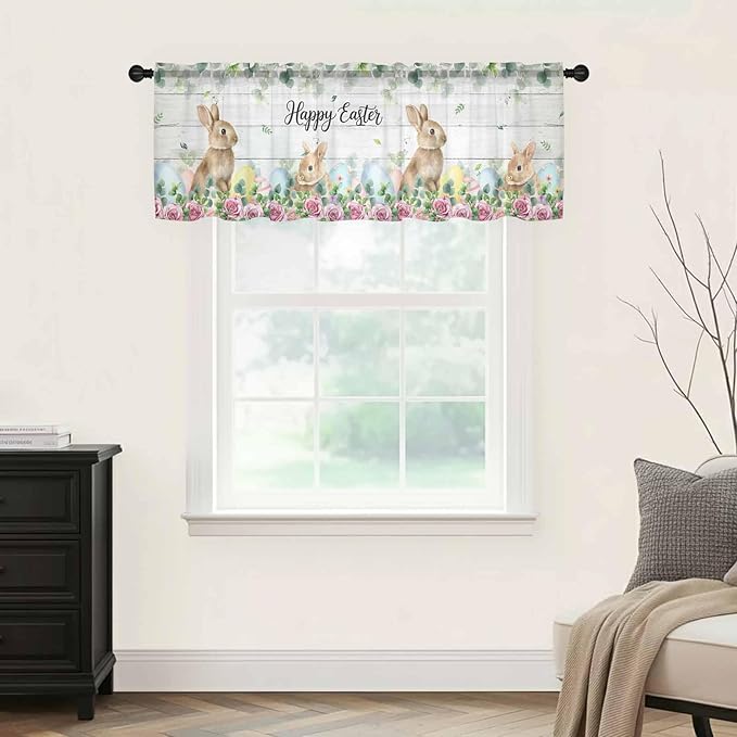 Easter Sheer Valances for Windows 42"x12", Light Filtering Kitchen Curtains Valance, Spring Watercolor Bunny Eggs Flower Leaf Wooden Grey Rod Pocket Chiffon Curtains for Living Room Bedroom Cafe